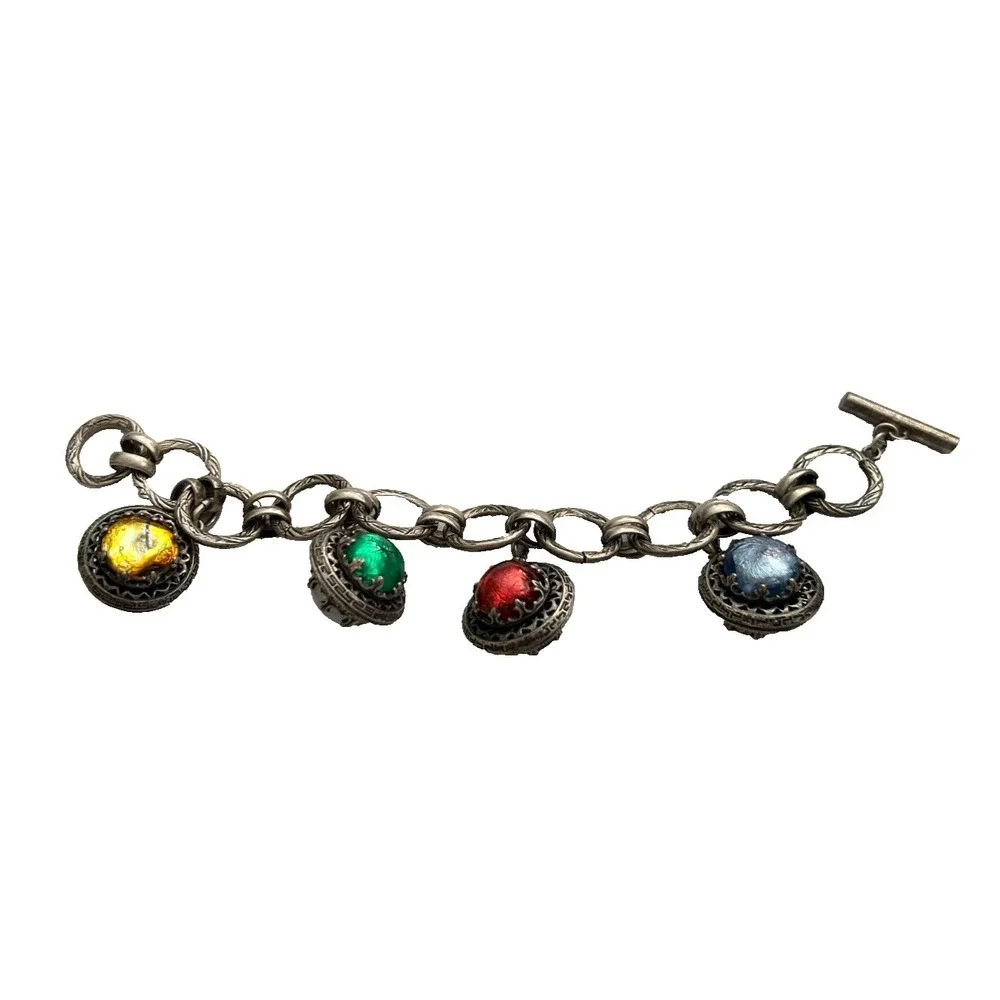 Vintage 70s Made in France Silver Charm Bracelet Art Glass Foil Cabochon Toggle